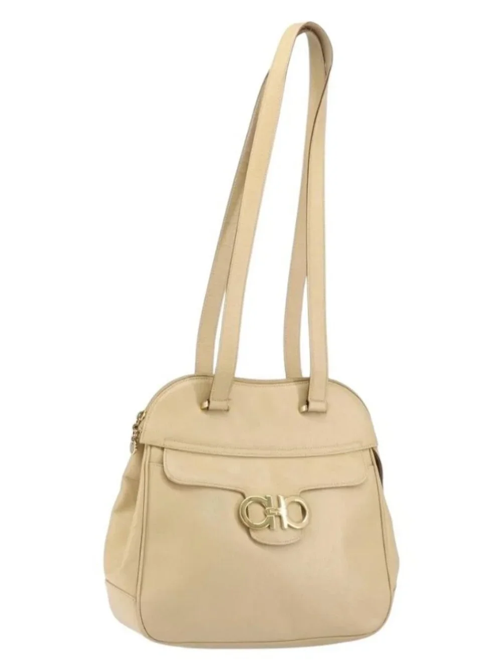 Salvatore Ferragamo Gancini Shoulder Bag Leather Beige Gold Auth 161430